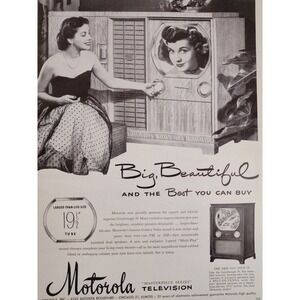 1950 Motorola Television Smiling Elegant Woman in Dress Adjust Knob Vtg Print Ad